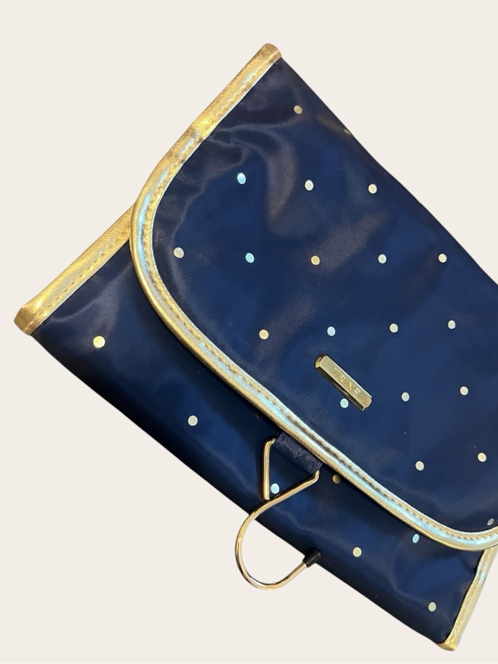Trina Turk Travel Cosmetics Organizer Navy Polka Dot with Gold Accents NWOT